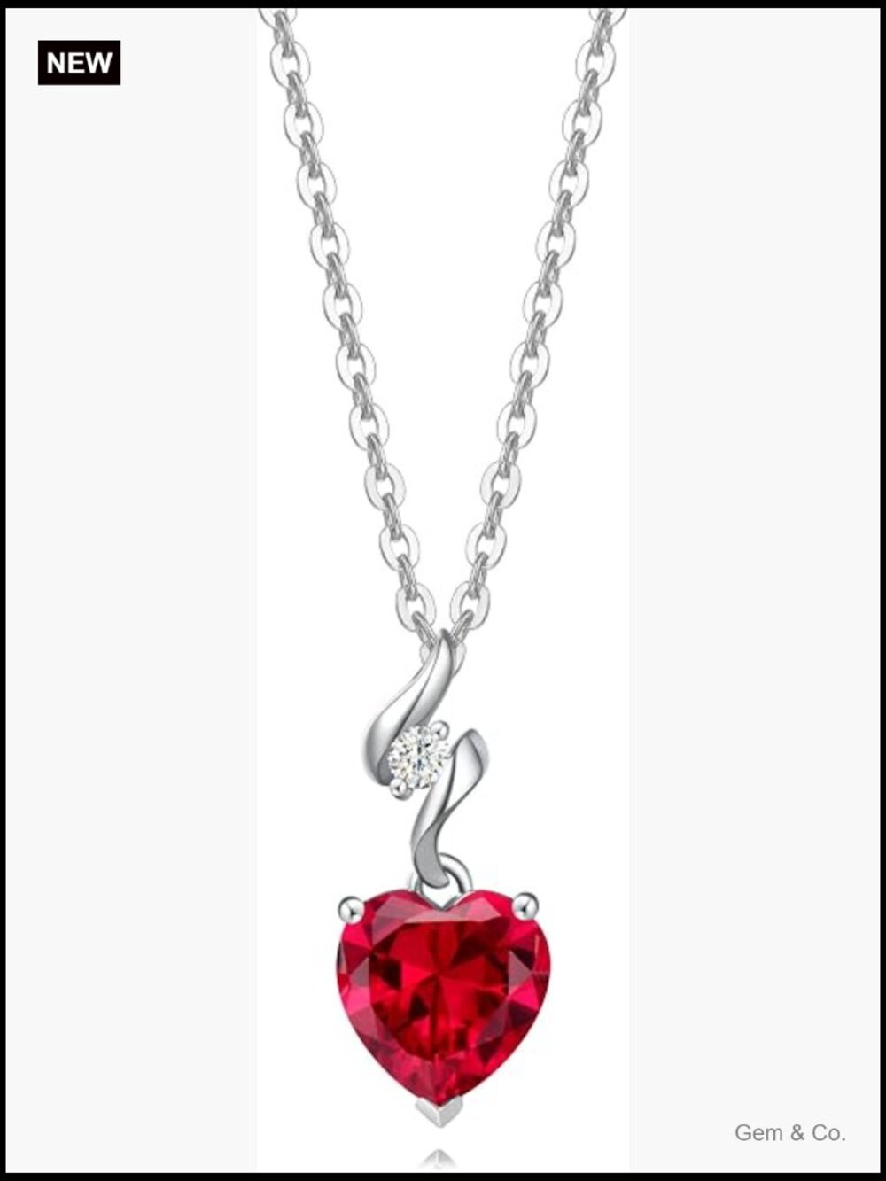 14K Solid White Gold Diamond Ruby Heart Pendant Necklace